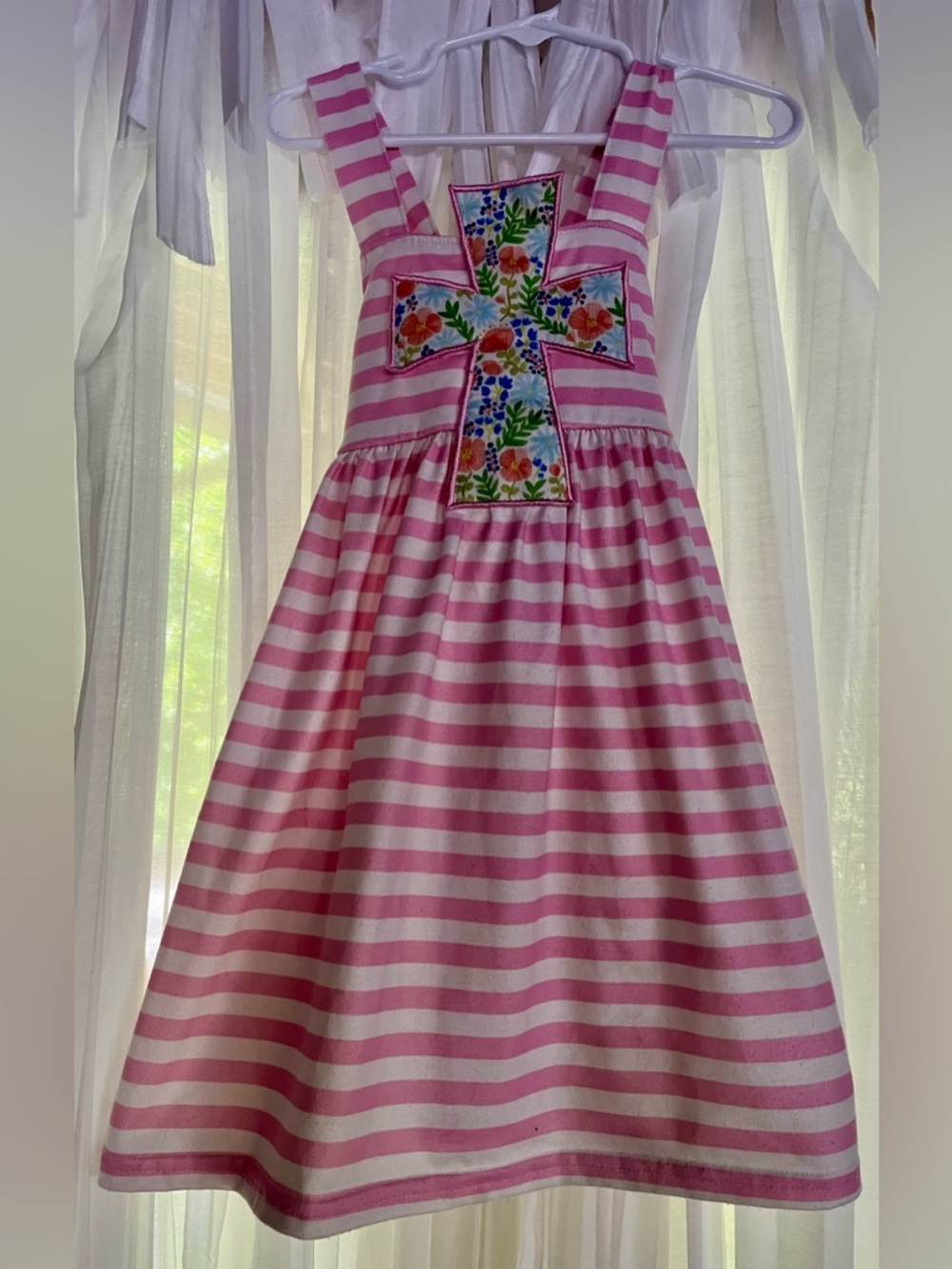 Girls Pink Striped Sleeveless Dress with Floral Cross Applique